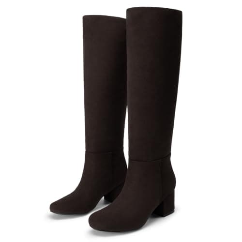 Athlefit Knee High Boots Women Chunky Heel Tall Fall Boots Brown Suede 7 - Thumbnail 6