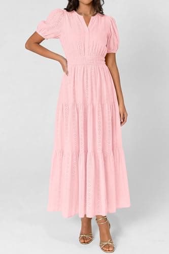PRETTYGARDEN Womens Summer Maxi Dresses 2026 Casual Puff Sleeve V Neck Smocked Flowy Eyelet Cotton Dress Spring Sundress(Pink,Large) - Thumbnail 6