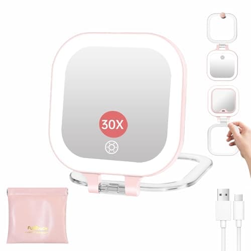 FUNTOUCH Rechargeable Travel Makeup Mirror 30X Magnification, 4.5" Lighted Portable Vanity Mirror with 3 Colors Lighting & Stepless Dimming, Double Sided LED Mirror, Gift for Women (Pink 2)