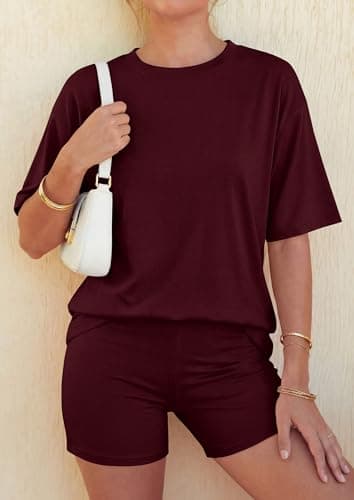 PRETTYGARDEN 2026 Women's Summer 2 Piece Sets Casual Lounge Set Short Sleeve Tops Shirts Shorts Travel Beach Vacation Outfits (Burgundy,X-Small) - Thumbnail 3