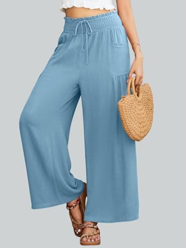 JUYUEO Linen Pants for Women 2026 Summer High Waisted Wide Leg Pants Casual Dressy Palazzo Beach Boho Pants Baby Blue S - Thumbnail 2