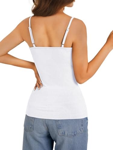 GKBK Womens Lace Camisole Tops Scoop Neck Ribbed Tank Tops Adjustable Spaghetti Straps Sleeveless Slim Fitted Y2k Going Out Shirt White L - Thumbnail 5
