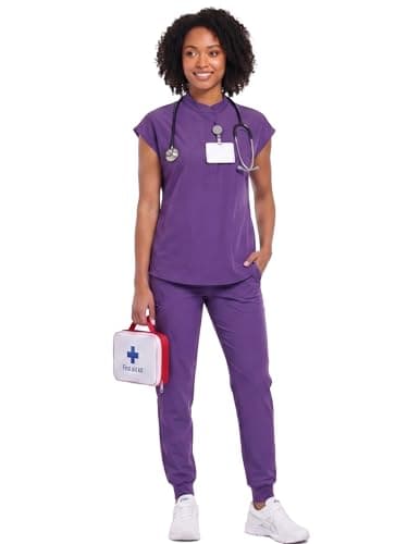 VECARDI Women's Scrub Top Zip Front Stretch Short Sleeve Nurse Uniform Shirt with Pockets Badge Loop Dark Purple - Thumbnail 6