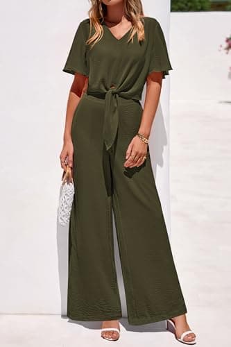 PRETTYGARDEN Women 2 Piece Summer Outfits Short Sleeve Strappy Top Wide Leg Pants Tracksuit Lounge Sets Beach Clothes(Army Green,X-Large) - Thumbnail 3