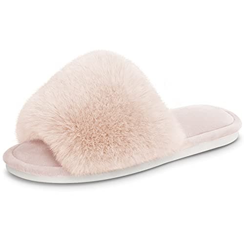 Parlovable Women's Faux Fur Slippers – Fluffy Open-Toe Memory Foam Slides with Anti-Slip Sole, Indoor & Outdoor House Shoes Beige 9-10 - Image 1