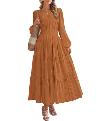 BTFBM Spring Dresses for Women 2026 Casual Long Sleeve V Neck Elastic Waist Lightweight Maxi Wedding Guest Dress Pockets(Brown Orange, Medium) - Image 1
