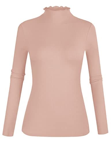 Women's Lettuce Trim Mock Neck Long Sleeve Slim Fit Ribbed Knit Tee Shirt Tops Dusty Pink L - Image 1