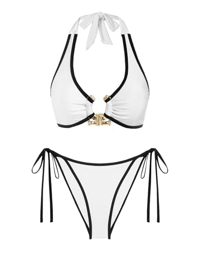 seamoly Swimsuit for Women Shiny Triangle Thong Bikini Sets Metal Ring High Cut Cheeky Two Piece Bathing Suits White Black M - Image 1
