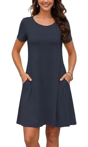 COSSEN Women's Summer 2026 Casual Tshirt Dress Navy Blue Large Crew Neck Short Sleeve with Pockets Flowy Loose Swing A-Line Sundress - Image 1