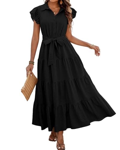 dowerme Women Summer Dress 2025 Cap Ruffle Sleeve V Neck Button Up High Waist Belted Tiered Boho Flowy Long Sun Dresses(Black,X-Large)