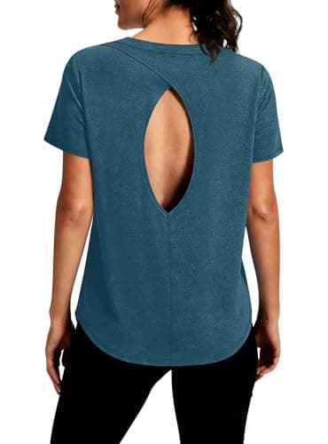 Alaroo Gym Tops for Women Open Back Short Sleeve Workout Shirts Athletic Yoga Pilates Outfits Summer Rash Guard Clothes Navy S - Image 1