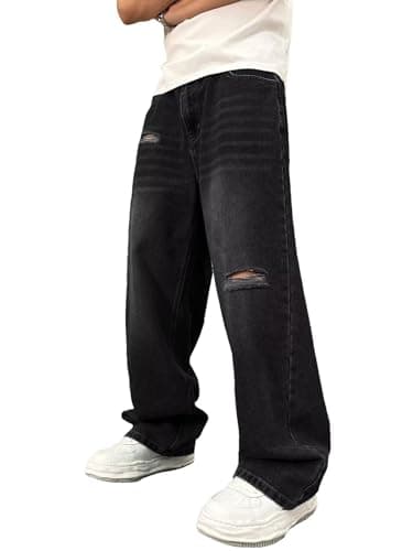 ALLABREVE Men's Baggy Hip Hop Jeans Y2k Wide Leg Denim Pants Relaxed Fit Skater Trousers Streetwear Black 01 - Thumbnail 4