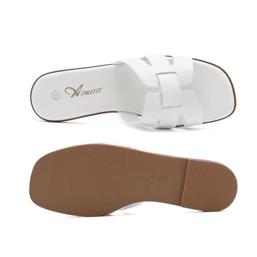 Athlefit Flat Sandals for Women Dressy Summer Square Open Toe White Sandals Comfortable Slip On Leather Slides Size 6 - Thumbnail 4