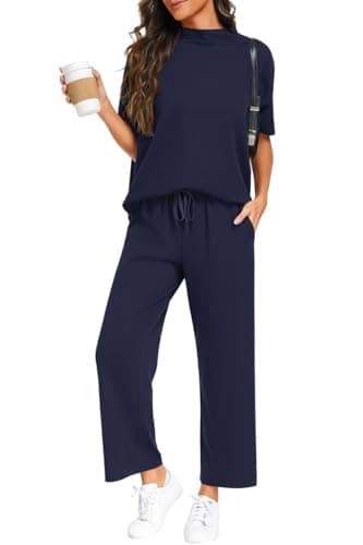 PrinStory Womens Lounge Set Summer 2 Piece Outfits Pullover Top and Wide Leg Pants Matching Sets 2026 Navy Blue-M