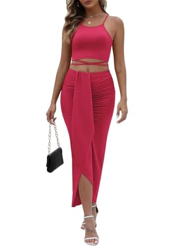 HUUSA Two Piece Skirt Set Sexy Maxi Dress for Women Date Night Spaghetti Straps Sleeveless Crewneck High Split Pleated Asymetric Hem Slim Fitting Knit Formal Long Dress Pink XL - Image 1