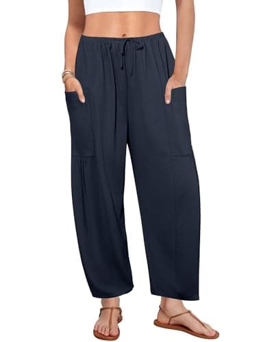 DLOODA Flowy Wide Leg Pants for Women, Drawstring Palazzo Harem Pants Casual Beach Vacation Trousers with Pockets Navy - Image 1