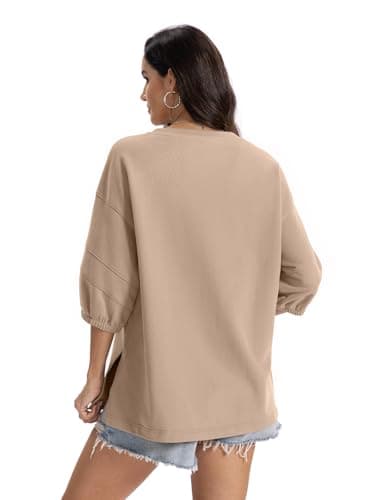 EasyGala Womens Cotton V Neck Sweatshirt 3/4 Sleeve Slouchy Fit Going Out Tops Trendy Side Slit Work Shirt Casual Fall Lightweight Outfits Y2K Winter Clothes 2025 Coffee Grey Medium - Thumbnail 6
