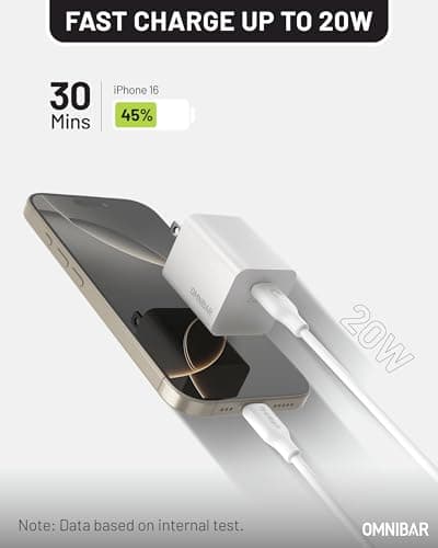 Omnibar iPhone 17/16 Charger, 2-Pack 20W GaN PD 3.0 PPS Fast USB C Charger Block, Compact Type C Power Adapter for iPhone 15/14/13/12, Samsung Galaxy S26/S25/S24, Speakers, Earbuds (White + Black) - Thumbnail 2