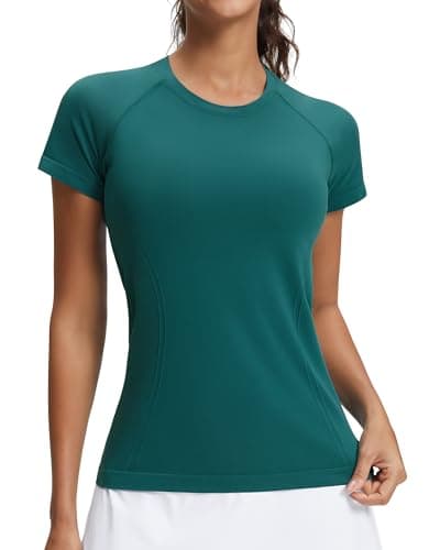 Stelle Women Seamless Workout Shirts Short Sleeve Athletic Top Yoga Gym Running T-Shirts(Emerald,M) - Image 1