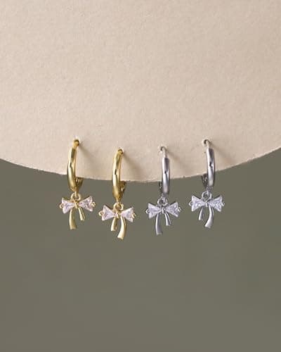 Dangle Earrings for Women Silver Cubic Zirconia Hoop Earrings Dainty Bow Diamond Drop Earring Wedding Jewelry for Brides - Thumbnail 6