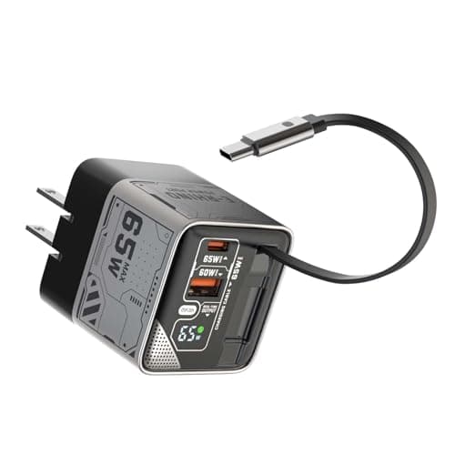 MFish 65W GaN Fast Charger with Built‑in 2.6ft Retractable USB‑C Cable, USB‑C & USB‑A Wall Charger for iPhone, iPad, MacBook, Samsung Galaxy & More (Space Silver)