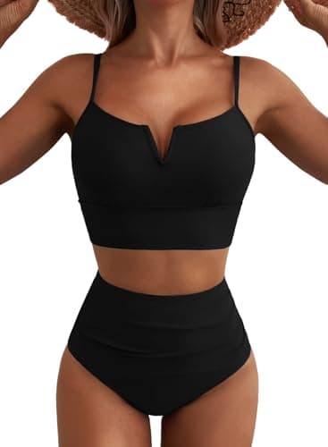 Herseas Womens 2 Piece Bestselling Bikini Cutout High Waisted Tummy Control Swimsuit Full Coverage V-Wire Bathing Suit Modest Push Up Swim Suit Black Medium - Image 1