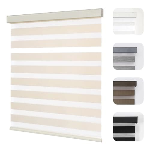 Joydeco Cordless Zebra Blinds for Windows, Dual Layer Light Control Window Blinds with Light-Proof Aluminum Cover, Free-Stop Roller Shades for Home & Office (Beige,60" W x 75" H) - Image 1