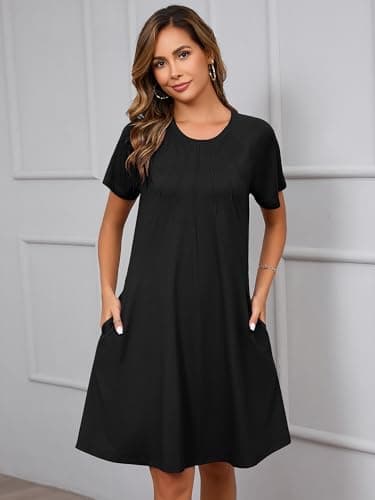 Heymoments Women's Short Sleeve Dress Black XX-Large Plus Size Crewneck Casual Flowy Below Knee Length Sundress Comfortable Shirt Work Summer Cheap Dresses with Pockets - Thumbnail 3