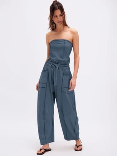 Sexyasasii Tube Top Jumpsuit for Women Strapless Summer Casual Off the Shoulder Long Barrel Pants One Piece Pull on Jumpsuits with Pockets - Thumbnail 5