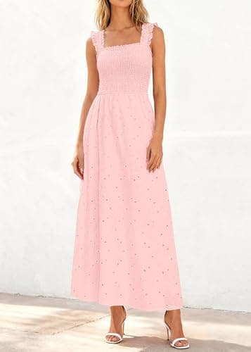 KIRUNDO Summer Lace Dress Vacation Outfits for Women 2026 Wedding Guest Dresses Maxi Beach Boho Sleeveless Cotton Sundress (Pink, Small) - Thumbnail 2