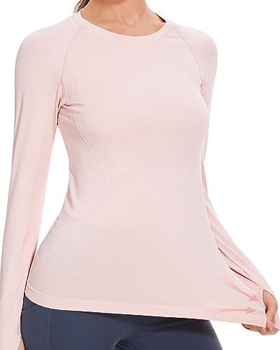 Stelle Womens Seamless Workout Top Yoga Athletic Shirt with Thumb Hole Breathable for Sports Running (Ballet Pink, L) - Thumbnail 3