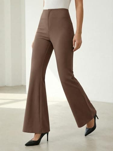 Dokuritu Womens Slacks for Work Tummy Control Stretchy Flare Pants Pull On Bootcut Business Casual High Waist Trousers with Pockets Caramel - Thumbnail 4