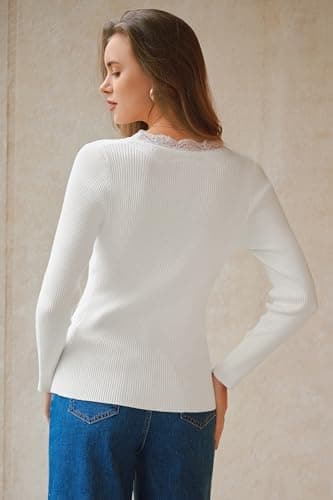Arach&Cloz Women's Cardigan 100% Cotton V Neck Sweaters Date Night Outfit Lace Trim Ribbed Long Sleeve Going Out Tops Fitted Button Down Spring Summer Valentines Day Cute Trendy Clothes 2026 Beige L - Thumbnail 6