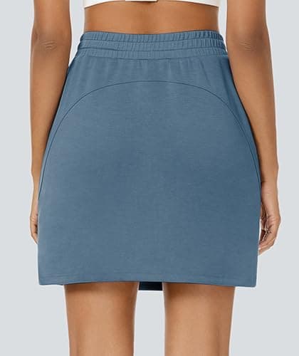 Casly Lamiit Skirt with Shorts Underneath Women High Waisted Casual Workout Mini Drawstring Lounge Sweat Skirts Short Skirt with Pockets Blue Grey S - Thumbnail 4