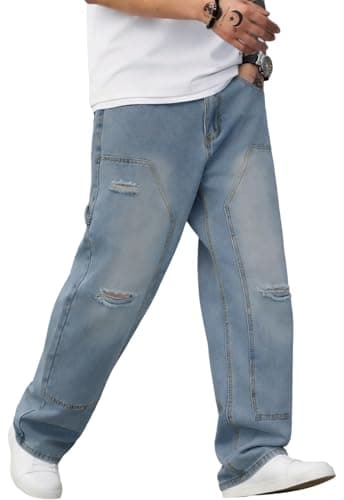 DISLANBO Baggy Wide Leg Jeans for Men Y2K Streetwear Vintage Loose Fit Denim Pants Blue - Thumbnail 2