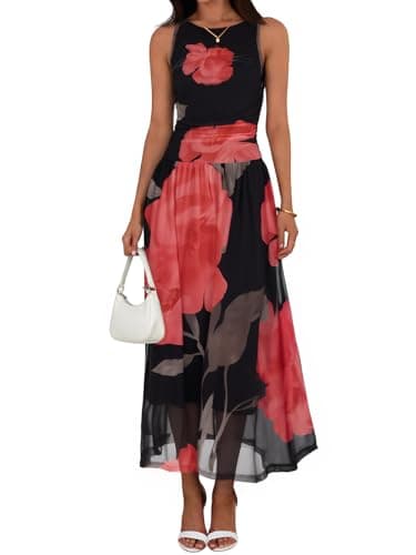 Wenrine Womens Summer Floral Maxi Dress Casual Sleeveless A Line Swing Flowy Beach Vacation Tank Dresses Black - Image 1