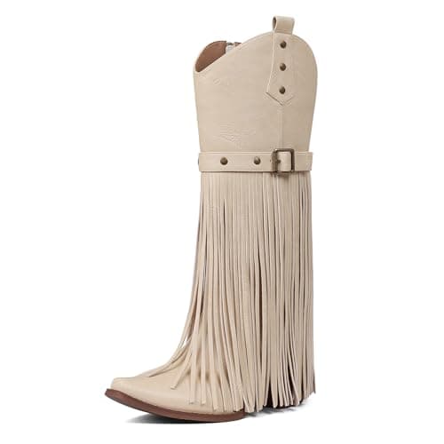 Grakihily Fringe Cowgirl Boots for Women Retro Square Toe Side Zipper Block Chunky Heel Tassel Country Concert Outfits Mid Calf Western Cowboy Boots,Beige Size 8