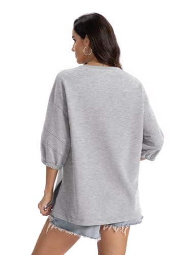 EasyGala Womens Cotton V Neck Sweatshirt 3/4 Sleeve Slouchy Fit Going Out Tops Trendy Side Slit Work Shirt Casual Fall Lightweight Outfits Y2K Winter Clothes 2025 Grey Large - Thumbnail 6