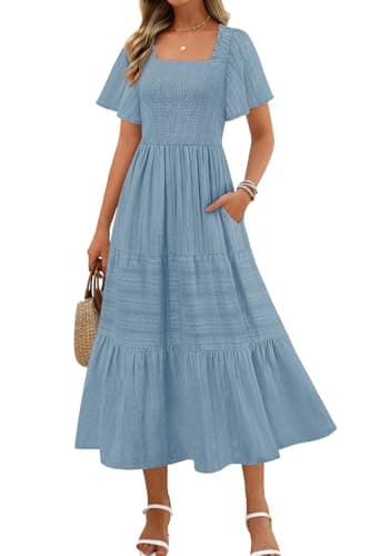 MEROKEETY Women's 2026 Summer Flowy Midi Maxi Dress Short Sleeve Square Neck Smocked Tiered Ruffle Boho Dresses with Pockets, Dustyblue, M - Image 1