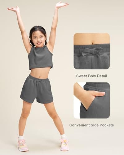 Stelle Girls Athletic Sets, Scoop Neck Ribbed Tank Tops Elastic Waist Shorts With Pockets 2 Piece Outfits, Girls Athletic Outfit 14-15, Charcoal, Xx-Large - Thumbnail 6