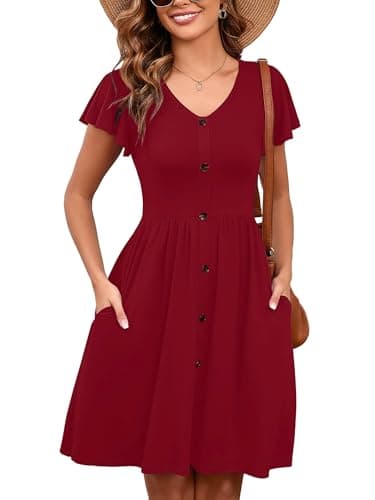 Heymoments Women Summer Dress Burgundy XX-Large Ruffle Sleeve V Neck Casual Cute Loose Sundress Comfy Swing Button Down Midi Work Flowy Tunic Ladies Beach Vacation Teacher Dresses with Pockets - Image 1