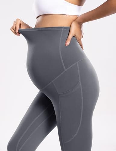 POSHDIVAH Women's Maternity Workout Leggings with Pockets Over The Belly Pregnancy Soft Active Wear Yoga Pants Grey Small - Thumbnail 2