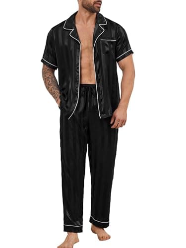 DEARCASE Mens Satin Silky Pajama Set Black Stripe XX-Large Short Sleeve Soft Sleepwear Button Down Loungewear Long Pants with Pockets and Drawstring - Image 1
