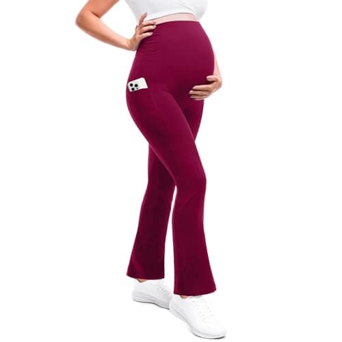Leafigure Maternity Flare Leggings with Pockets Over The Belly Yoga Pants for Workout Soft Pregnancy Activewear Burgundy XL - Image 1