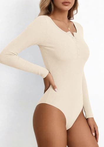 PRETTYGARDEN Long Sleeve Bodysuits for Women 2026 Ribbed Knit Henley Button Up Slim Fitted Basic Tops Winter Fashion Clothing (Beige,X-Large) - Thumbnail 4