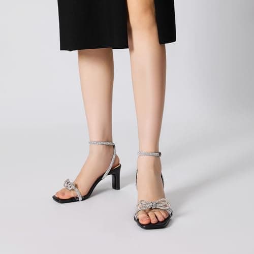 Athlefit Black Rhinestone Bow Heels for Women Open Square Toe Low Heels Ankle Strap Dressy Block Heeled Sandals Size 6 - Thumbnail 2