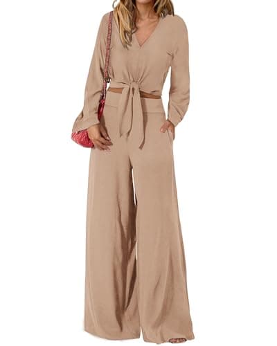 PRETTYGARDEN Women's 2 Piece Outfits 2025 Fall Fashion V Neck Long Sleeve Strappy Crop Top Wide Leg Pant Lounge Sets(Khaki,Large)