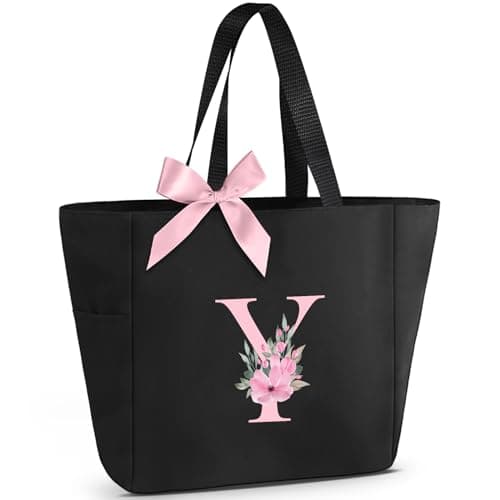 Vavabox Tote Bag, A-Z Initial Monogrammed Waterproof Tote Bag, Bridesmaid Gifts for Women, Black and Pink (Y, Black) - Image 1