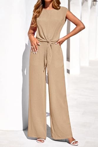 PRETTYGARDEN Women 2 Piece Lounge Sets 2026 Casual Summer Outfits Cap Sleeve Strappy Crop Tops Wide Leg Pant Tracksuit(Khaki,Large) - Thumbnail 4