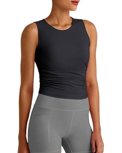 G4Free Women's Workout Tank Tops Ruched Side Athletic Tanks Stretch Fitness High Neck Top for Gym Running Yoga (Black,XS) - Image 1